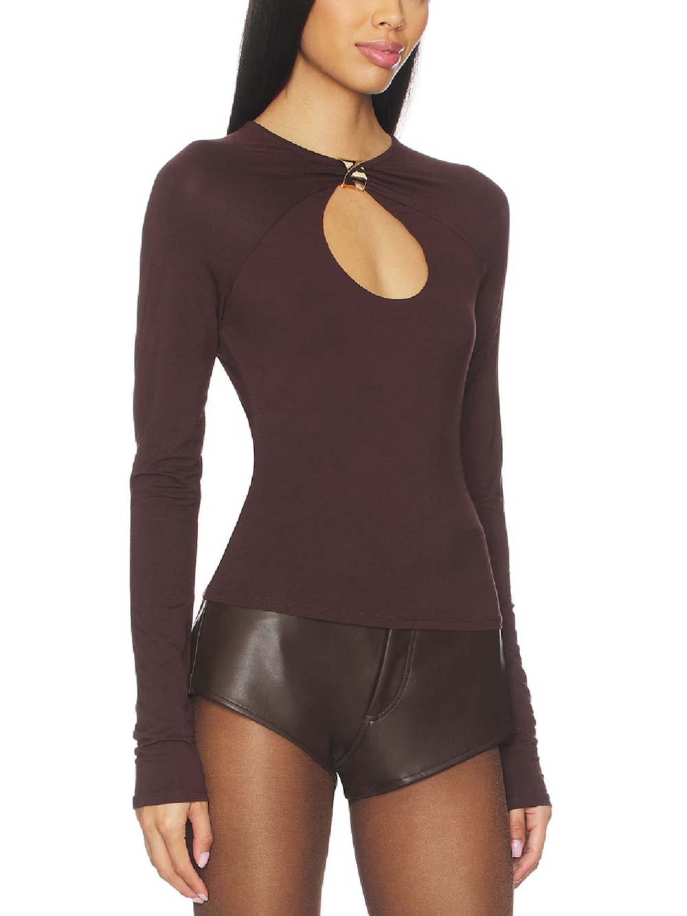 Lovers & Friends Revolve Adeline Dark Brown Long Sleeve Keyhole Cut Out Top NWT